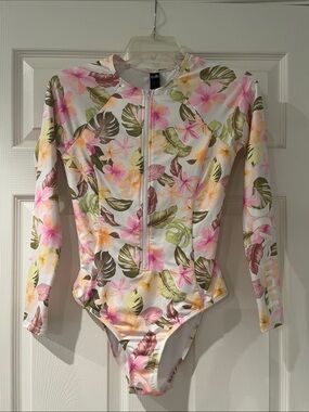 Hurley White Long Sleeve Zip Front Floral One-Piece